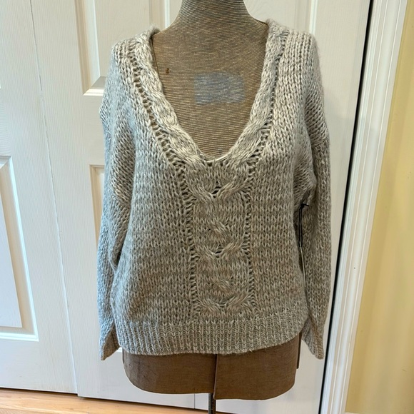 WhiteRoom + Cactus grey lightly crocheted deep v-neck long sleeve sweater - Picture 1 of 7